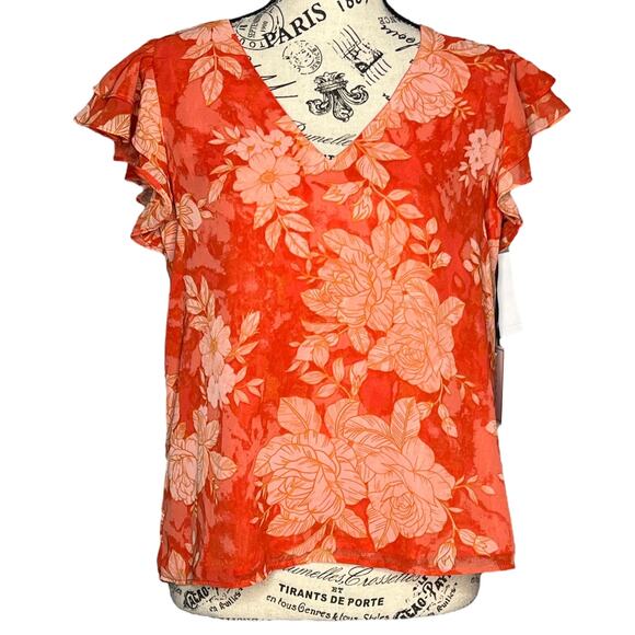 1.State SMALL Floral Ruffle Short Sleeve V-Neck Fully Lined Chiffon Blouse - Picture 1 of 14